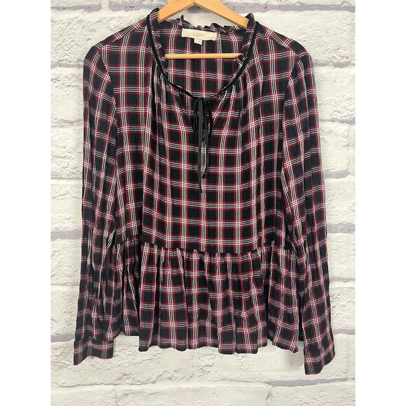 Loft Women M Cottagecore Academia Grunge 90s Preppy Plaid Peplum Tie Neck Blouse - Picture 3 of 11